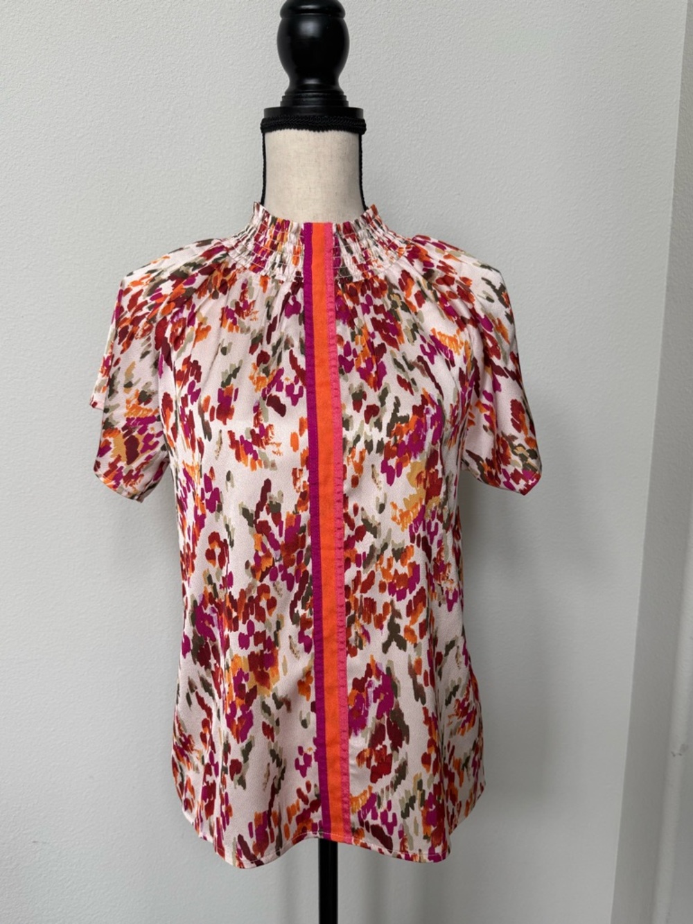 THML Pink Orange Smocked Neck Short Sleeve Blouse